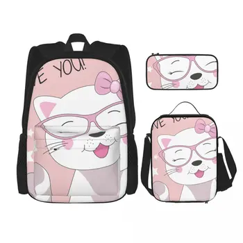3 Adet Set çocuk Sırt Çantaları okul çantası Kızlar için Okul Çantaları Öğle Yemeği Kutusu Okul Çocuk Kalem Kutusu İle Sevimli Bebek Kedi Gözlük
