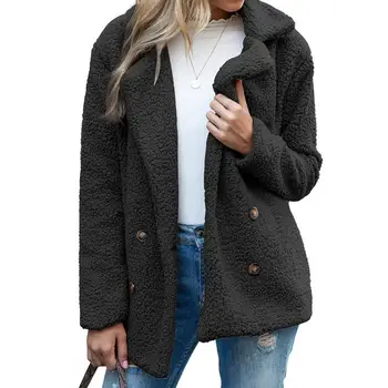 80 % sıcak satış!！！Sonbahar Kış kadın Faux Polar uzun kollu Yaka ceket düğmeleri sıcak gevşek Ceket