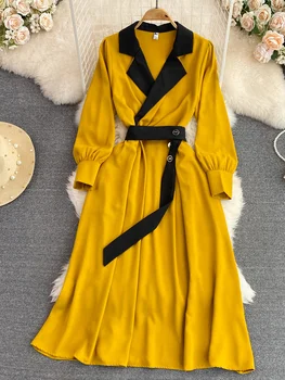 Sonbahar Kadın Çentikli Yaka Midi Elbise Vintage Zarif Uzun Kollu Yüksek Bel A-Line Yeşil / Mor / Sarı Büyük Salıncak Vestidos Yeni