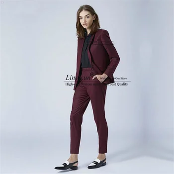 Bordo Bayanlar Pantolon Takım Elbise Kadın İş Balo Blazer 2 Parça Set Ceket + Pantolon Resmi Ofis Üniforma Tarzı Kadın Pantolon