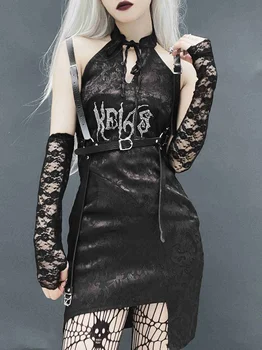2022 Yeni Moda Koyu Retro Goth Kadın Elbise Olmayan kollu Mektup Baskı Backless Patchwork Gotik Tarzı Seksi Bayan Elbise