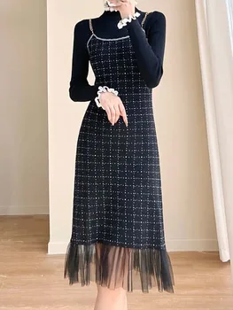 Mizaç Kontrol Örgü Yanlış İki Parçalı İnce Uzun Kollu Elbise 2022 Sonbahar Yeni Kore Moda Kadın giyim