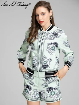 Seasıxıang Moda Tasarımcısı Sonbahar Takım Elbise Kadın O-Boyun Uzun Kollu fermuarlı ceket + Şort Çiçek Baskı Rahat İki Parçalı Takım Elbise