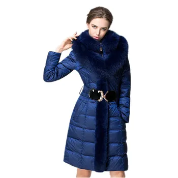 Moda Kış şişme ceket kadınlar Fox Kürk Yaka İnce Sıcak uzun kaban Kadın Uzun Parka Bayanlar Zarif Dış Giyim Kapşonlu 754