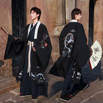 Yeni Geleneksel Çin Hanfu Erkekler Çin halk dans kostümü Ejderha Nakış Hanfu Ceket Siyah 4XL Cosplay Kıyafetler JL1486