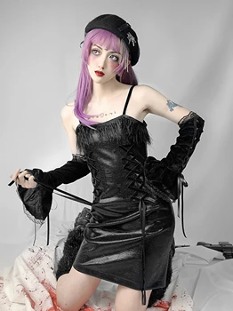 Orijinal Tasarım Gotik Kayış Yılan Derisi Deri Kayma Elbise Katı Siyah Tüyler Yama Dantel-up Mini Seksi İnce Elbise