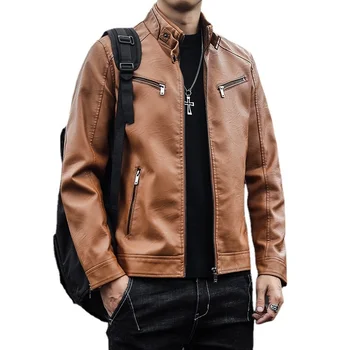Erkek PU Ceket Rahat Mont Sonbahar Moda Sadelik Tüm Maç Çok Cep Standı Yaka Trend Düz Renk Yumuşak Harajuku Gevşek