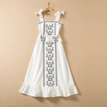 2022 Yaz Yeni Moda Kadınlar Uzun Kollu Spagetti Kayışı Vintage Çiçek Baskı Ruffles Casual Beyaz uzun elbise