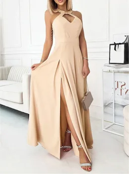 Zarif Uzun Gece Elbisesi Kadınlar 2022 Yaz Yeni Elbise Etek Halter Boyun Hollow Moda Mizaç Düz Renk Bölünmüş Elbise