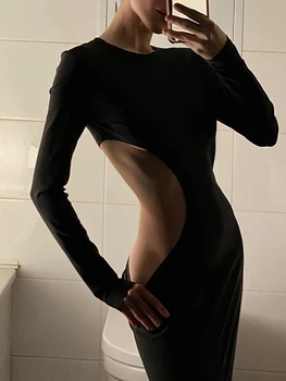 Seksi Hollow Out Yuvarlak Boyun Maxi Elbise Kadınlar Uzun Kollu Yüksek Bel Kulübü Parti Sıska Elbiseler Siyah