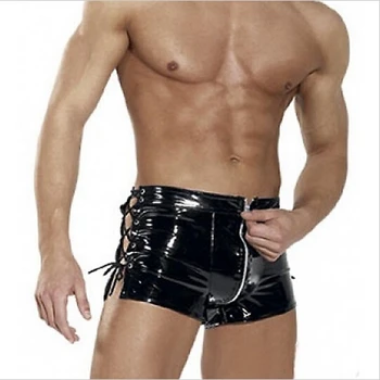 Lateks iç çamaşırı Erkekler için PVC pantolon açık crotch fermuar tayt Şort Sıcak Fetiş Eşcinsel Suni Deri Lace Up kısa pantolon clubwear