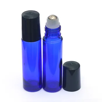 3 adet Mavi Cam Şişe Rulo Boş Koku Parfüm uçucu yağ Şişesi Roll-On Siyah Plastik Kapak 10ml Şişe