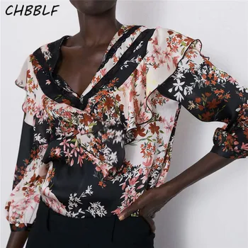 CHBBLF kadınlar ruffles bluz üç çeyrek kollu gömlek kadın rahat şık gevşek üstleri blusas mujer HJH2217