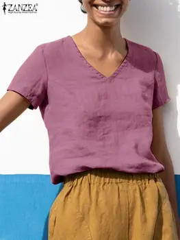Moda ZANZEA Zarif Yaz Kadın Casual Bluz Kısa Kollu Katı Gevşek Gömlek Kadın V Boyun pamuklu üst giyim Çalışma Blusas Chemise