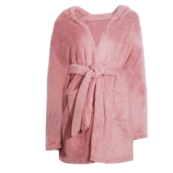 Sevimli Tavşan Kulak Kapşonlu Elbiseler Pijama Kadın Kış Flanel Bornoz Yumuşak Sıcak Bornoz Pijama Cep Rahat Gecelik