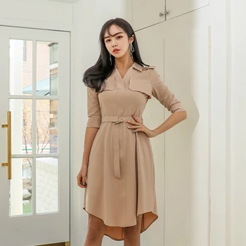 Şeffaf 2020 Kore Tarzı Gömlek Elbise Bayanlar Yarım Kollu Korse Günlük Elbiseler Kadınlar için Zarif OL Ofis İş yaz elbisesi 2020
