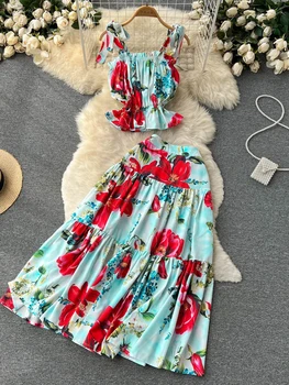 Zarif Parti Elbise Kadın Seksi Kısa Tan Tops + Vintage Bir Çizgi Uzun Etek Çiçek Baskılı İki parçalı Set Bayanlar Plaj Boho Kıyafetler