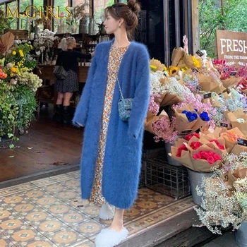 Sonbahar Kış Yeni Hakiki Vizon Kaşmir Kazak Kadın Rahat Gevşek Uzun Hırka Örme Ceket Moda Düz Renk Kürk Ceket