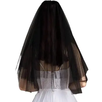 Siyah Kısa Kalça Uzunluğu Gelin Veils Basit 2 Katmanlı Gelin düğün duvağı Tarak ile Yumuşak Tül Cadılar Bayramı saç aksesuarları Gelinler için