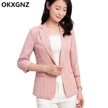 2019 Yeni Kadın Ekose Ofis Bayan Blazer Küçük Takım Elbise Ceket Rahat Çentikli Yaka Kadın Sonbahar Zarif Çalışma Blazers Palto M18