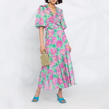 Hit Renk Zarif Elbise Kadın V Boyun Puf Kollu Yüksek Bel Baskı çiçekli elbiseler Kadın Moda Yeni Giyim Sonbahar Elbise