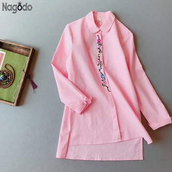 Nagodo Çin Gömlek 2020 Yeni Pamuk Keten Uzun Çin Geleneksel Gömlek Vintage İşlemeli çiçek Çin Üst Kadın Hanfu Üst