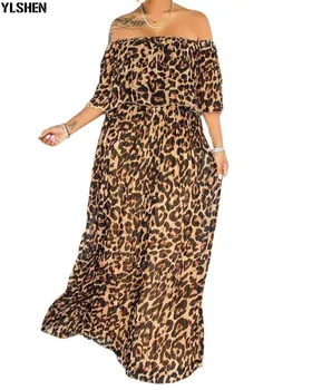 Leopar Baskı Afrika Akşam Maxi Elbiseler Kadınlar için Parti Elbise Dashiki Artı Boyutu Kapalı Omuz Afrika Elbise Noel Elbise