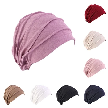 2020 Yeni Elastik Pamuk Türban Şapka Düz Renk Kadın Sıcak Kış Başörtüsü Kaput İç Hicap Kap Müslüman Başörtüsü Femme Wrap Kafa