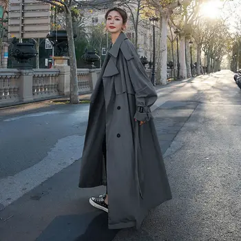 Kore Tarzı kadın Gevşek Trençkot Moda X Uzun Kruvaze Kuşaklı Bayan Pelerin Rüzgarlık Bahar Sonbahar Giyim Gri