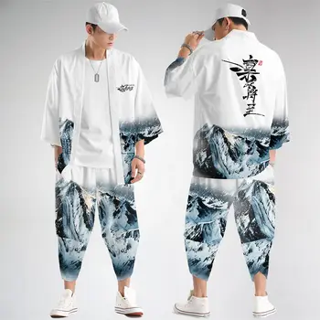 Erkekler Japon Kimono Geleneksel Giysiler Kimono Hırka Beyaz Baskı Gömlek Bluz Erkek Yukata Elbise Ve pantolon seti Artı Boyutu