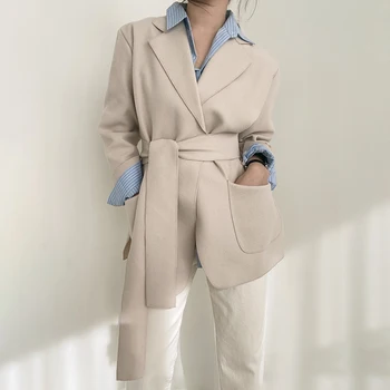 Za 2022 Yeni Sonbahar Bahar kadın Blazers Cepler Ceketler Zarif Vintage Boy Lace Up Ofis Takım Elbise Kadın Yün Blazer Ceket