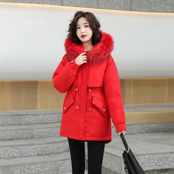 Pai üstesinden gelmek orta uzunlukta Kore versiyonu yeni %2021 pamuk kapitone ceket kadın gevşek yastıklı kürk yaka pamuklu ceket
