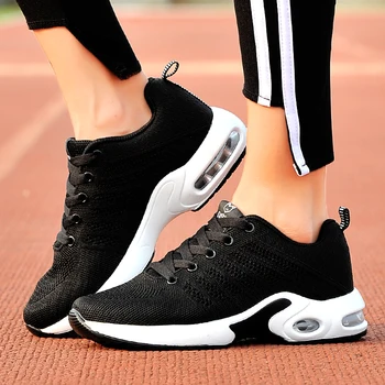 Kadın Tenis Ayakkabıları Yeni Moda Örgü Dantel-Up spor ayakkabılar Kadın vulkanize ayakkabı Hafif Nefes Flats Açık koşu ayakkabıları