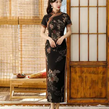 Zarif Standı Yaka Şakayık Baskılı Yüksek Yarık Cheongsam'lar Qipao Kadınlar Lüks Vintage Çin Tarzı Parti Elbiseler Artı Boyutu 5XL