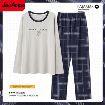 Pamuklu Pijama erkek İlkbahar Sonbahar Uzun kollu Pantolon Pijama İki parçalı Erkek Rahat Pijama Gecelik Ev Giysileri Takım Elbise