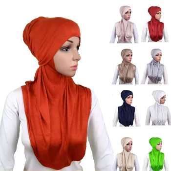 Bayan 2 Parça Düz Renk Amira Jersey Müslüman Başörtüsü Yumuşak Pamuk Streç başörtüsü Tüp İç Underscarf Kap Hood Namaz