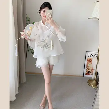 Cheongsam Üst Çin Geleneksel Şort Takım Elbise Şifon kadın Zarif Gömlek Yüksek belli Pantolon Şort İki parçalı Set Yaz