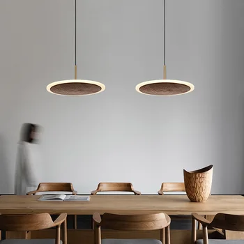 Katı ceviz kolye ışık Modern ahşap sarkıt aydınlatma Led halka tek lamba yemek masası ışık Lampara Madera Lampe Bois