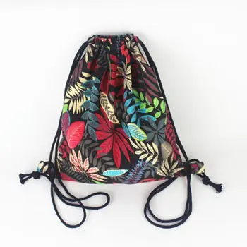 Kadın büzgülü sırt çantası Sırt Çantası Çuval Çanta Yaz Yaprak Desen Oxford Dize omuz çantaları Öğrenci Vintage okul çantası Mochila