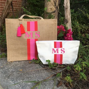 Özel çizgili monogrammed plaj çantası, kişiselleştirin adı monogram Harfleri çuval bezi tote düğün anne sepeti çanta torbalar gelin hediye