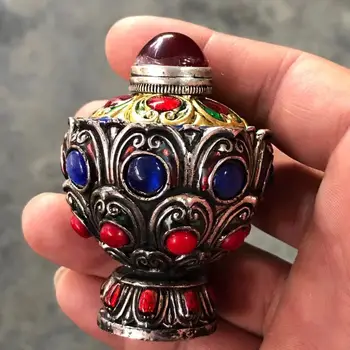 Antik çeşitli etnik Tibet gümüş yeşim el sanatları enfiye pot bakır