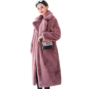 Kış Kadın Yüksek Kalite Faux Tavşan Kürk Ceket Lüks Uzun Kürk Ceket Gevşek Yaka Palto Kalın Sıcak Artı Boyutu Kadın Peluş Mont