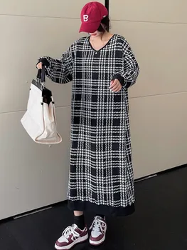 Kore Uzun Kollu Büyük Boy Siyah Pamuk Vintage Ekose Elbiseler Kadınlar İçin Rahat Gevşek Bahar Sonbahar Kadın Kazak Elbise 2023