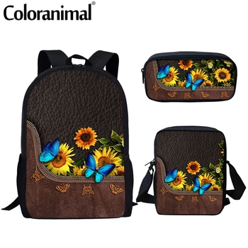 Coloranimal 2022 Yeni Trend 3Set okul çantası Seti Genç Çocuklar için Güzel Kelebekler ve Ayçiçeği Fermuar PU Tasarım Sırt Çantası