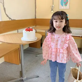 Bluz Kız Kore Bebek Giysileri Prenses Gömlek Dantel Ekip Boyun Üst 2022 Yeni Pamuk Bebek Gömlek Okula Dönüş Kıyafetler kızlar için