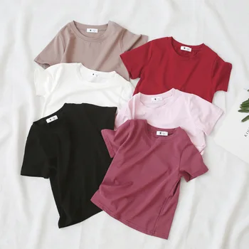 Çocuklar Yarım Kollu T-shirt Kızlar için 7-12y 2022 Yaz Yeni Kız Elbise Rahat Pamuklu O-boyun Düzenli Katı Tees Düzenli