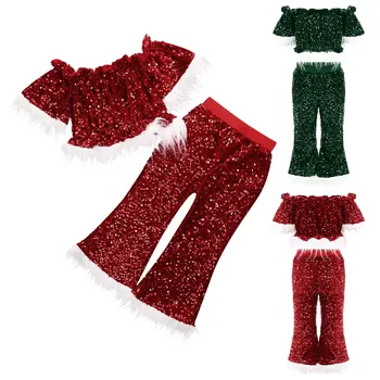 Kızlar Noel Giyim Seti Yenidoğan Noel Baba Kıyafet Kış Kapalı Omuz Sequins Mahsul Tops + Flare Pantolon Bebek Kız Giysileri