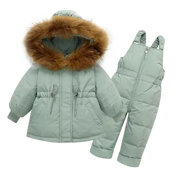 Bebek Erkek Ve Kız Yeni Kış Sıcak Ördek Aşağı Ceket + Tulum Seti Yürümeye Başlayan Giysi Bataklık Kürk Yaka Kapşonlu Tulum Kıyafet y700