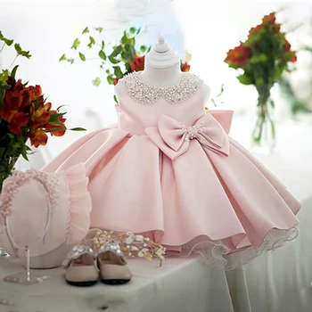 Toddler Beyaz Düğün Saten Prenses Bebek Kız Elbise Yay 1 Yıl Doğum Günü Akşam Parti Yenidoğan Vaftiz Elbise Kız Giydirin