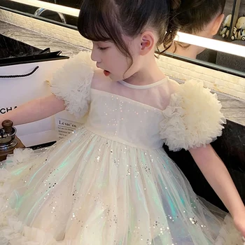 Bebek kız elbise prenses elbise peçe ve boncuklu tül çocuk elbise fantezi parti elbisesi doğum günü partisi elbisesi elbise kız için